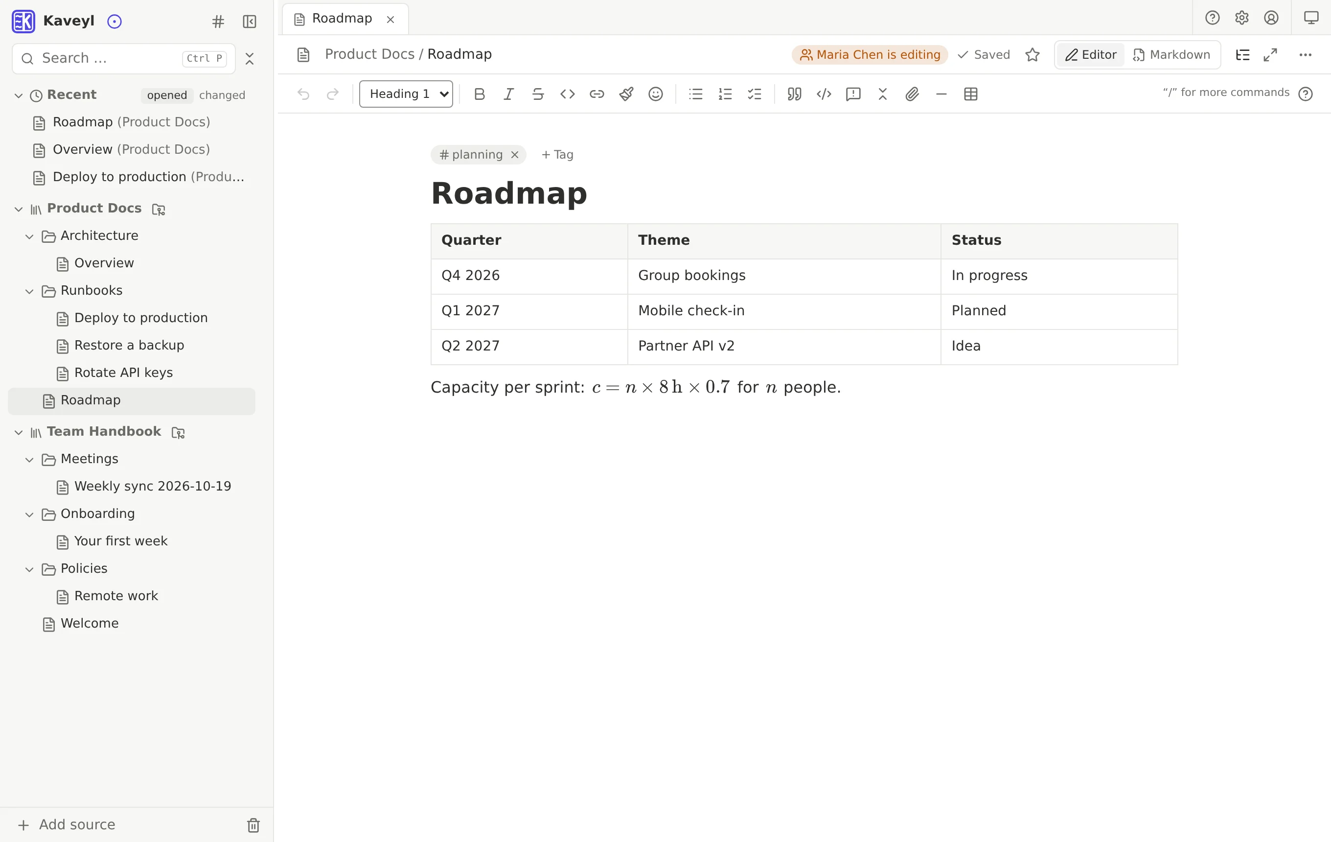 Eine Roadmap-Notiz in Kaveyl Wiki mit dem Hinweis „Maria Chen is editing“ oben
